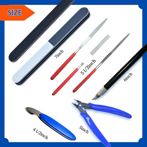 Gundam Model Tool Kit 28 Piece All In One Hobby Building Set with pliers, files, and sanding essentials shown in various sizes.