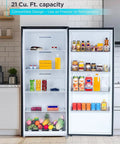 21 Cu Ft Convertible Freezer Refrigerator with Frost Free Glass Shelves displaying fruits and drinks in modern kitchen setting.