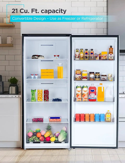 21 Cu Ft Convertible Freezer Refrigerator with Frost Free Glass Shelves displaying fruits and drinks in modern kitchen setting.