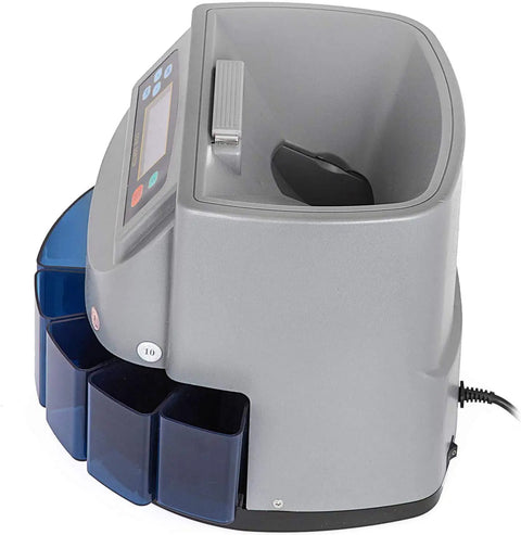 Pro Level Automatic Us Coin Sorter And Lcd Counter with grey body and hopper for sorting dimes, quarters, nickels, pennies, and dollars.
