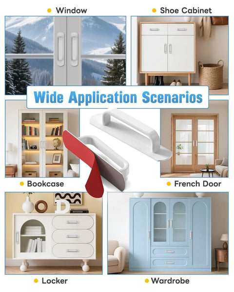 5.7 Inch Self Adhesive Aluminum Cabinet Handle Set Of 2 Peel And Stick Sliding Barn Door Pulls displayed on various furniture and doors.