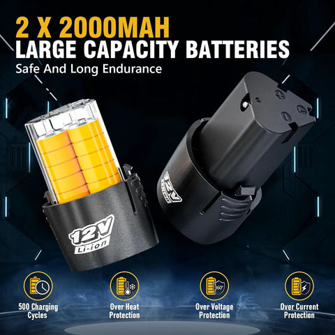 Two large capacity 12V Li-ion batteries for 3/8 Inch Cordless Ratchet Wrench Set With 60 Ft Lbs Torque 12V Power Variable Speed LED Light