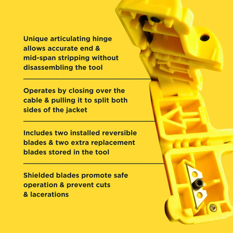 FTTX Flat Drop Cable Slitter With Articulating Hinge For Fiber Optic Installations Ultra Portable 3.9 Oz Tool Fast End And Mid Span Jacket Stripping No Disassembly Needed For Tech Pros