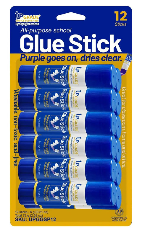 12 Count 6g Glue Sticks, Purple Goes On Then Dries Clear, All Purpose Adhesive For Paper, Photos, Posters, Notes, And Projects
