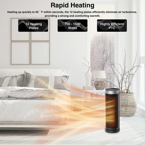 Portable Ceramic Space Heater With Remote Control, 3 Heat Settings 700W 1000W 1500W, in a cozy bedroom setting