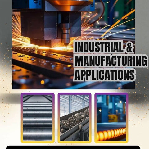 Industrial machining and manufacturing equipment with sparks, conveyor belts, and metal processing for industrial applications.