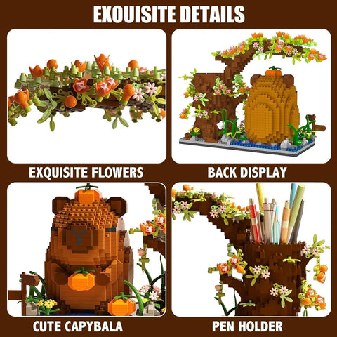 Epic 1880 Piece Capybara Themed Building Blocks Set For Kids And Adults, Cute Animal And Flower Construction Bricks Kit, Includes Pen Holder Desk Organizer: capybara blocks with flowers and pen holder display