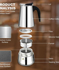 Exploded view of 2 Cup Stovetop Espresso Maker In Stainless Steel Moka Pot For Home And On The Go Camping Italian Style Mocha Brew Pot Induction Compatible 100 Ml 3.3 Oz Quick 5 Minute Espresso Rich Aroma And Easy Pour showing components like lid, filter, silicone gasket, and heating vessel.