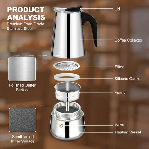 Exploded view of 2 Cup Stovetop Espresso Maker In Stainless Steel Moka Pot For Home And On The Go Camping Italian Style Mocha Brew Pot Induction Compatible 100 Ml 3.3 Oz Quick 5 Minute Espresso Rich Aroma And Easy Pour showing components like lid, filter, silicone gasket, and heating vessel.