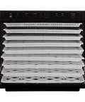 No Sweat Electric Food Dehydrator With Digital Temperature Control And Smart Timer rock solid dual fans black frame with stacked BPA free trays.