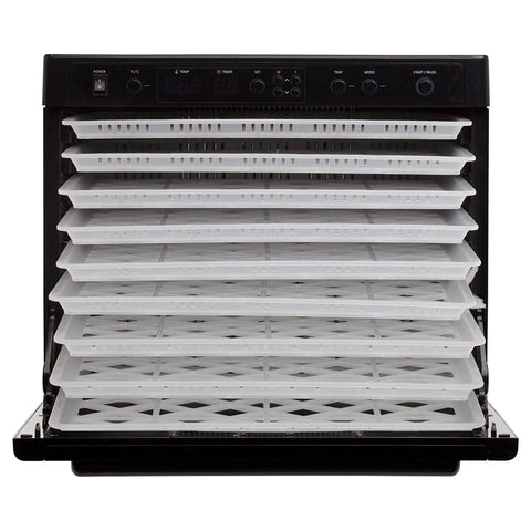 No Sweat Electric Food Dehydrator With Digital Temperature Control And Smart Timer rock solid dual fans black frame with stacked BPA free trays.