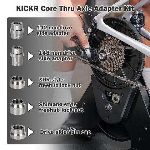 Durable Stainless Steel KICKR Thru Axle Adapter Kit for Wahoo KICKR Core V4 and Newer Models shown with adapter parts