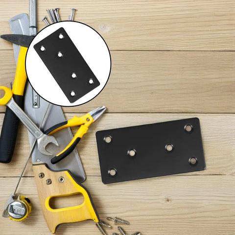 Heavy Duty Stainless Steel Corner Braces for Wood Shelves Matte Black Repair Plates on wooden surface with tools