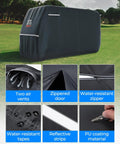 600D Waterproof Golf Cart Cover Heavy Duty Universal Fit For 6 Seater Carts All Weather Rainproof, black cover on lawn