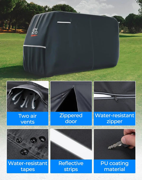 600D Waterproof Golf Cart Cover Heavy Duty Universal Fit For 6 Seater Carts All Weather Rainproof, black cover on lawn