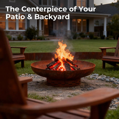Heavy Duty 27.5 Inch Round Wood Burning Fire Pit For Outdoor Use Steel Bonfire Pit With Oxidized Finish on patio