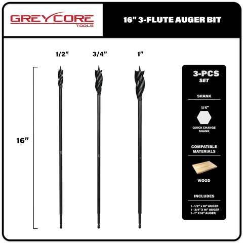 Beast Pro Grade 3 Piece 16 Inch Wood Auger Bit Set with 3 Flute Design and Quarter Inch Quick Change Shank for drilling in wood