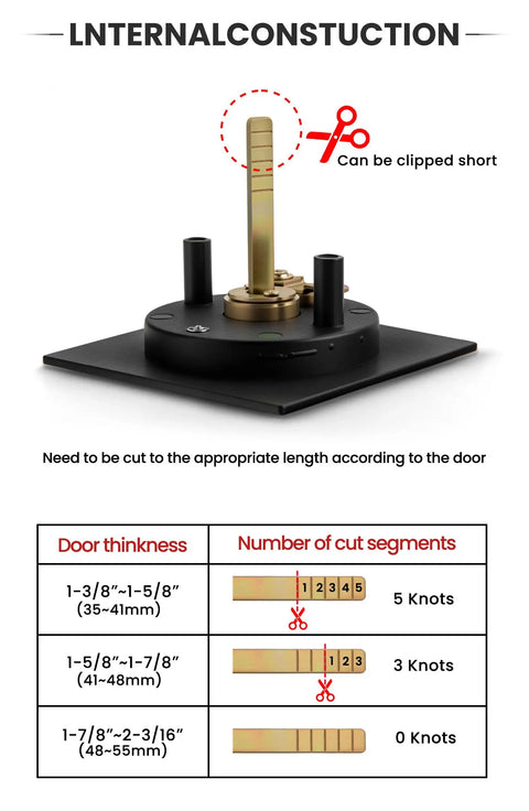 Internal construction of Dope Matte Black Square Pocket Door Lock Kit showing adjustable components and cutting guide for door thickness.