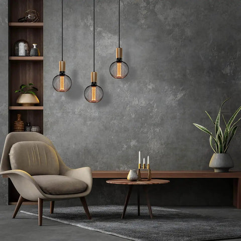 Modern living room with Vintage LED Edison Bulb With Black Metal Cage For Home Use Warm 2200K Soft White 3.5W Low Power Dimmable