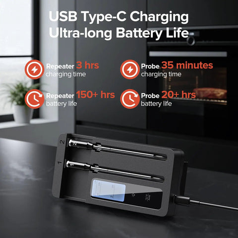 Dual Probe Wireless Meat Thermometer With Bluetooth And WiFi on charging dock, USB Type-C cable plugged in, kitchen counter view.