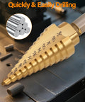 Pro Grade Heavy Duty HSS Titanium Step Drill Bit Set With Automatic Center Punch on metal surface, showing size increments.