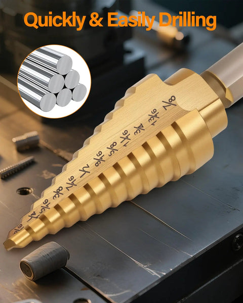 Pro Grade Heavy Duty HSS Titanium Step Drill Bit Set With Automatic Center Punch on metal surface, showing size increments.