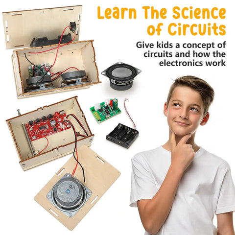 DIY Bluetooth Speaker And FM Radio Kit For Kids Aged 8 To 12 with open box showing circuit components.
