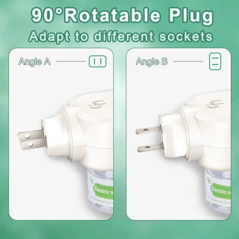 Plug In Mosquito Repeller For Indoor Use with 90° rotatable plug, shown at different angles for socket adaptation.