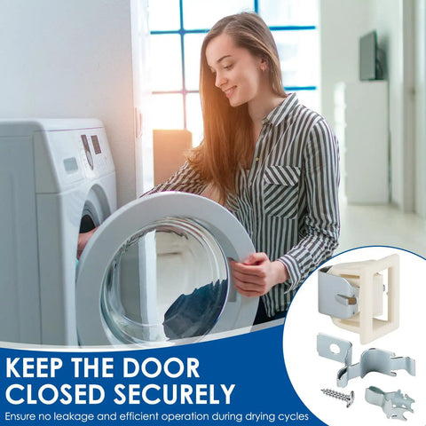 Woman using dryer with 3 Pack Dryer Door Latch Strike Kit Replacement For Whirlpool Kenmore Maytag GE Frigidaire Dryers part shown inset.