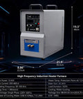 Commercial Grade 15Kw High Frequency Induction Welding Heater With Digital Touch Panels And Zero Hassle Water Cooling For Industrial Quenching Annealing Brazing Rock Solid Framework, front view with dimensions and controls.