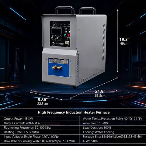 Commercial Grade 15Kw High Frequency Induction Welding Heater With Digital Touch Panels And Zero Hassle Water Cooling For Industrial Quenching Annealing Brazing Rock Solid Framework, front view with dimensions and controls.