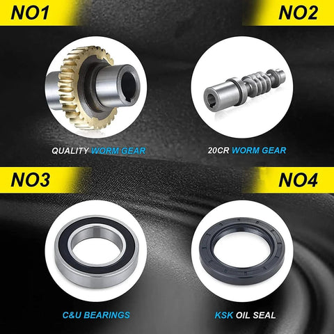 Components for NMRV040 30:1 worm gearbox for NEMA34 motors, featuring quality worm gear, 20CR worm gear, C&U bearings, and KSK oil seal.