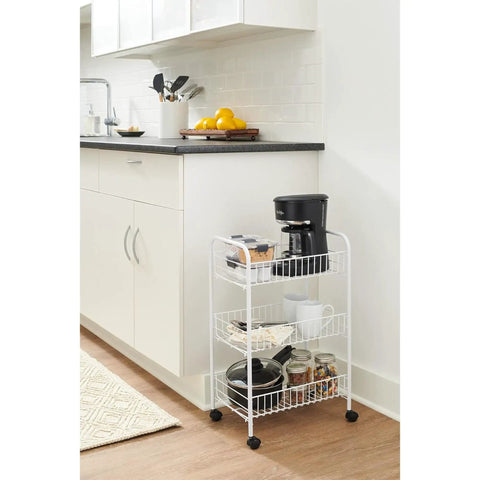 Three Tier Wheeled Wire Shelving Cart With Adjustable Metal Shelves, Mobile Storage Organizer On Casters in a modern kitchen.