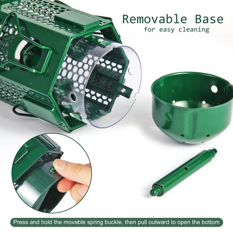 Weight Activated Squirrel Proof Bird Feeder With Removable Base for Outdoor Hanging shown disassembled, green metal