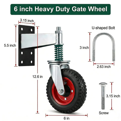 Heavy Duty 6 Inch Gate Wheel With Spring Loaded 600 Lb Capacity Gate Roller 360 Degree Swivel For Wooden And Metal Gates Farm And Driveway Gates U Bolt And Drill Mount Kit Included 1 Pack with dimensions and components shown