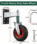 6 Inch Heavy Duty Gate Wheel With Rugged Steel Build And Hardened Rubber Tire, dimensions and mounting details shown.