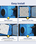Easy installation of Pre-Filter Replacement Pack for Air Scrubbers showing step-by-step process on a blue unit