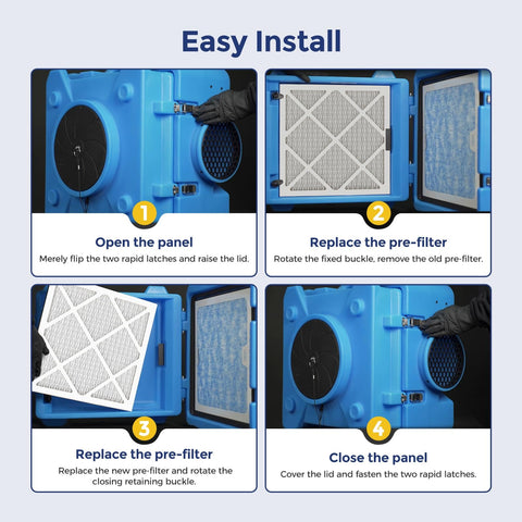 Easy installation of Pre-Filter Replacement Pack for Air Scrubbers showing step-by-step process on a blue unit