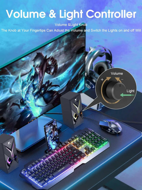 10W RGB PC Speakers with Volume Control and Gamer Grade Colorful LED Lighting setup on a gaming desk with monitor and accessories.