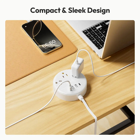 Flat Plug Power Strip With USB Ports And Wall Mount For Dorm And Office Use, Compact Nightstand Charging Station, shown on desk