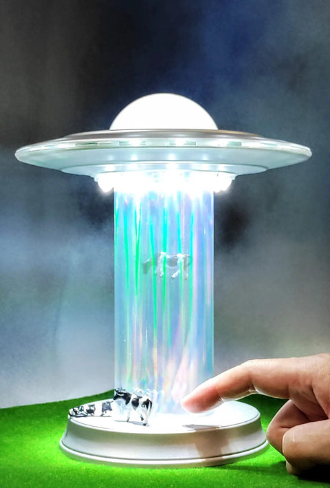 UFO Cow Abduction LED Lamp With Touch Sensor, miniature cows in tractor beam, sci-fi desk light for space decor lovers
