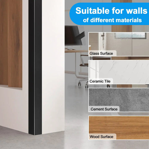 No Sweat 4 Pack Black Aluminum Corner Guards With Super Easy Peel And Stick Install on various wall materials shown.