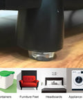 Close-up of a black furniture foot with protective pad, examples of use with containers, furniture, headboards, and appliances shown below.