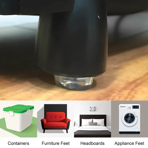 Close-up of a black furniture foot with protective pad, examples of use with containers, furniture, headboards, and appliances shown below.