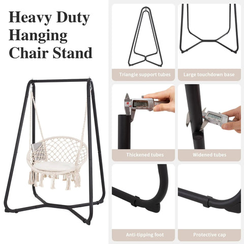 Patio Swing Chair With Stand And Cushion Heavy Duty Hanging Chair For Backyard Or Bedroom 330 Lbs Capacity Beige Comfy Outdoor Seat