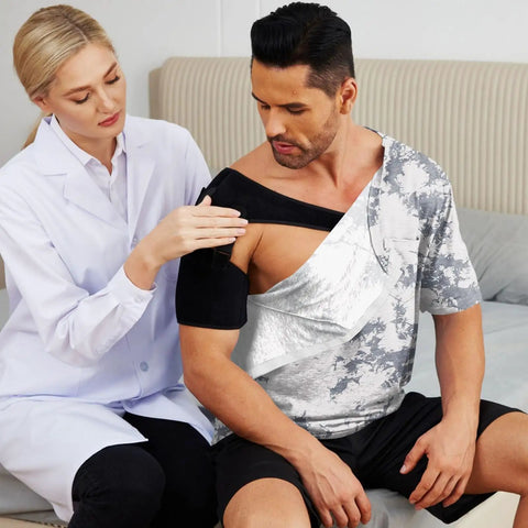Shoulder Surgery Shirt For Men With Easy Snap Front And Side Openings, showcasing post-surgery use by a patient.