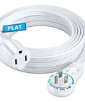 Flat Plug Extension Cord With 360 Degree Rotating Plug, 15 Foot Long, Low Profile Space Saving Power Cable For Under Carpets, 3 Prong, White, 16 AWG, 125V, 13A, Durable PVC Jacket coiled with flat plug