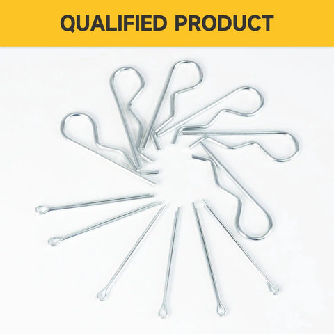 620 Piece Cotter Pin Kit With Zinc Plated Steel Pins, Hairpin Cotter Pins And R Clips, 12 Sizes displayed in fan shape