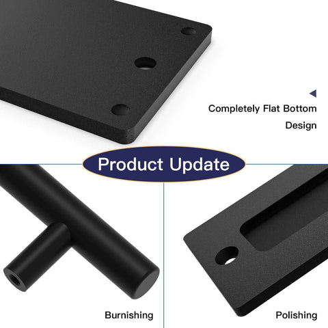 Black 12 Inch Barn Door Handle With Latch And Adjustable Floor Guide Kit showing flat bottom design and polished surface.