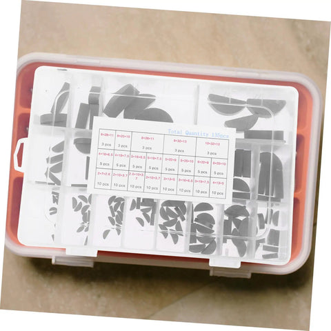 135 Piece Woodruff Key Set Carbon Steel Semicircle Keys For Pulleys And Drive Shafts in organized case on beige surface
